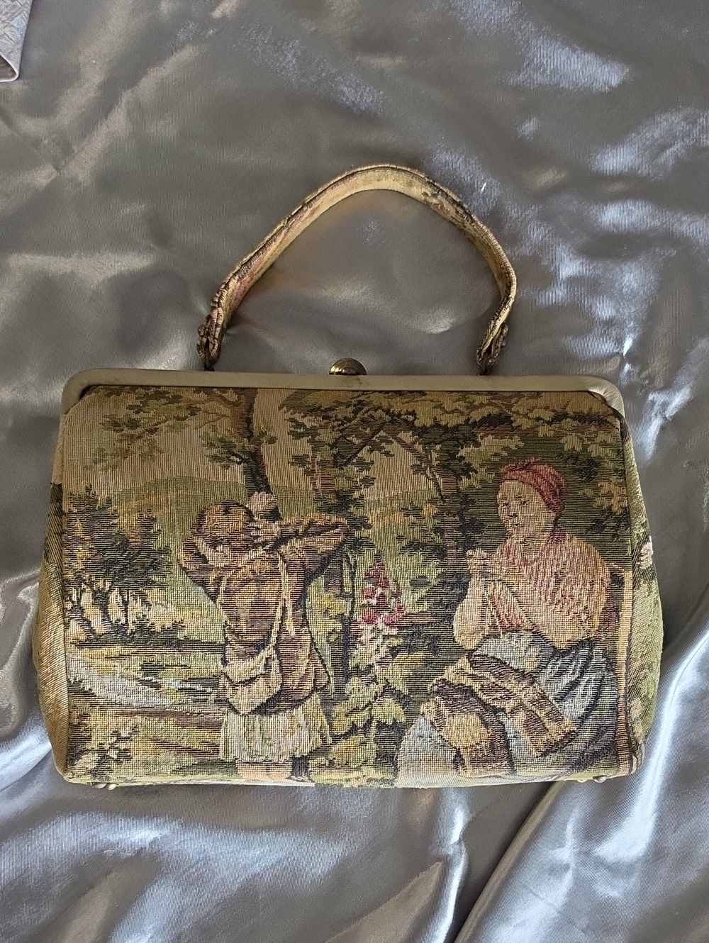 Rare Vintage Tapestry hide N seek outdoors grandma kid scene. #tapestry